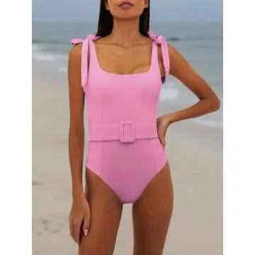 Saodimallsu Womens Sexy One Piece Bathing Suit High Cut Knit Square Neck Tied Strappy Swimsuit with Belt Pink