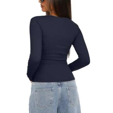 Darong Women's Long Sleeve Crew Neck Tops Casual Ruched Side Slim Fit Basic T Shirts Tee 9067 Dark Blue M