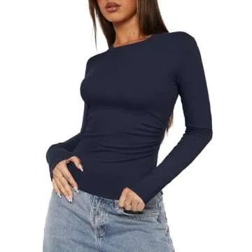 Darong Women's Long Sleeve Crew Neck Tops Casual Ruched Side Slim Fit Basic T Shirts Tee 9067 Dark Blue M