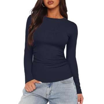 Darong Women's Long Sleeve Crew Neck Tops Casual Ruched Side Slim Fit Basic T Shirts Tee 9067 Dark Blue M