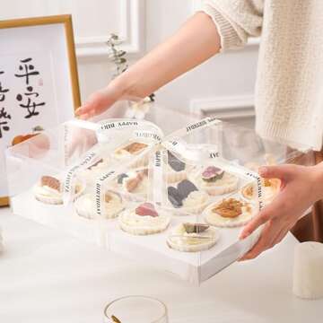KAIXUAN WOOD 10 Pack Clear Cupcake Boxes, 12 Counts Cupcake Containers with Gift Ribbon, Plastic Cupcake Carrier Holder for Treat Dessert Cookies Muffins Pastry Baby Shower Party