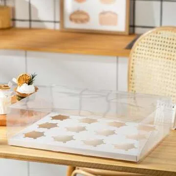 KAIXUAN WOOD 10 Pack Clear Cupcake Boxes, 12 Counts Cupcake Containers with Gift Ribbon, Plastic Cupcake Carrier Holder for Treat Dessert Cookies Muffins Pastry Baby Shower Party