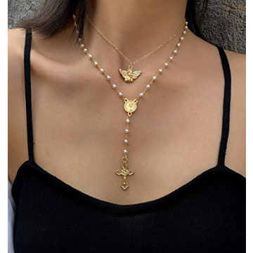 Gold Layered Y-shaped Cross Angel Wings Necklace