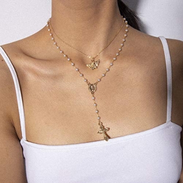 Gold Layered Y-shaped Cross Angel Wings Necklace