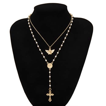 Gold Layered Y-shaped Cross Angel Wings Necklace