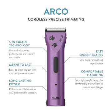 Wahl Professional Animal Arco Pet, Dog, Cat, and Horse Cordless Clipper Kit, Purple (8786-1001)