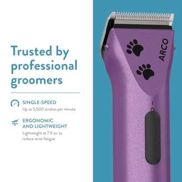 Wahl Professional Animal Arco Pet, Dog, Cat, and Horse Cordless Clipper Kit, Purple (8786-1001)
