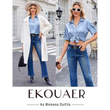 Ekouaer Womens Silk Satin Pajama Sets 2 Piece Pjs Button Down Sleepwear Wide Leg Long Pants Loungewear with Pockets Light Blue