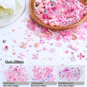 Umillars 300pcs Nail Art Charms Kit, 100pcs Resin y2k Nail Charms with 100 pcs Mixed Flatback Nail R...