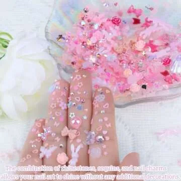 Umillars 300pcs Nail Art Charms Kit, 100pcs Resin y2k Nail Charms with 100 pcs Mixed Flatback Nail Rhinestones Pearls and 100pcs Nail Glitter Sequins for Nails DIY Manicure Supplies Accessories