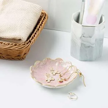 BEUNAIZER Jewelry Dish Tray, Ring Dish, Ceramic Trinket Tray, Key Bowl, Decorative Plate, for Friends Sisters Daughter Mother (pink)
