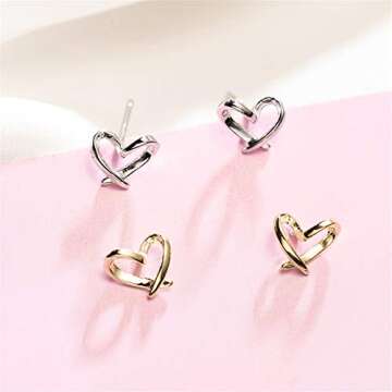 Minimalist Golden Heart Sterling Silver Earrings for Women Girls Charm Hollow Love Hearted Stud Tiny Small Cartilage Tragus Post Pin Hypoallergenic Pierced Ear Christmas Birthday Halloween Thanksgiving Jewelry Gifts