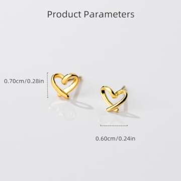 Minimalist Golden Heart Sterling Silver Earrings for Women Girls Charm Hollow Love Hearted Stud Tiny Small Cartilage Tragus Post Pin Hypoallergenic Pierced Ear Christmas Birthday Halloween Thanksgiving Jewelry Gifts