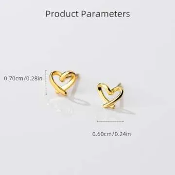 Minimalist Golden Heart Sterling Silver Earrings for Women Girls Charm Hollow Love Hearted Stud Tiny Small Cartilage Tragus Post Pin Hypoallergenic Pierced Ear Christmas Birthday Halloween Thanksgiving Jewelry Gifts