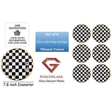 Glass Plate Set 7,8 Inch - Salad Plates | Dessert Plates - Lunch Plates - Small, Set of 6, Suitable for Snacks, Appetizer, Home, Party, Restaurant (Checkered (white-black))