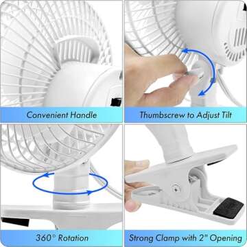 Comfort Zone Portable Clip on Fan, 6 inch Stroller Fan with Fully Adjustable Tilt, Quiet 2 Speed Bedside Fan, Mini Desk Fan, Table Fan, Easily Clip on to Desk, Stroller or Bedroom Nightstand, Black