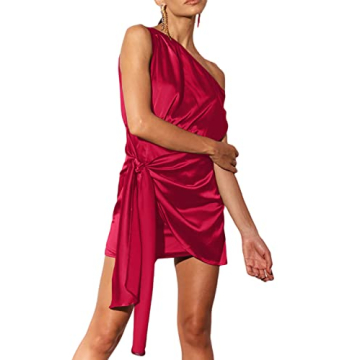 LYANER One Shoulder Satin Cocktail Mini Dress - Red