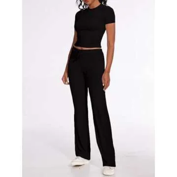 AnotherChill Women's 2 Piece Lounge Sets Straight Leg Pants Set Short Sleeve Crop T-shirt Casual Outfits Comfy Loungewear (Black, Large)