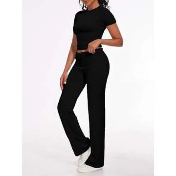AnotherChill Women's 2 Piece Lounge Sets Straight Leg Pants Set Short Sleeve Crop T-shirt Casual Outfits Comfy Loungewear (Black, Large)