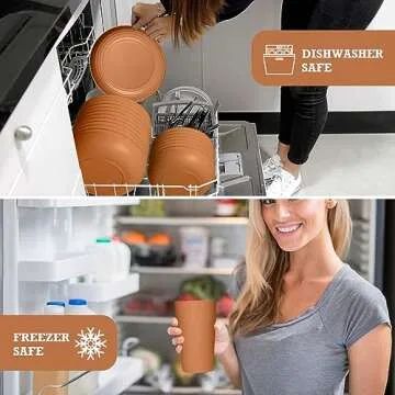 Teivio 32-Piece Kitchen Plastic Wheat Straw Dinnerware Set, Service for 8, Dinner Plates, Dessert Plate, Cereal Bowls, Cups, Unbreakable Colorful Plastic Outdoor Camping Dishes, Saddle Brown