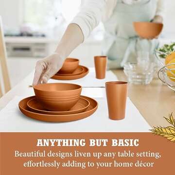 Teivio 32-Piece Kitchen Plastic Wheat Straw Dinnerware Set, Service for 8, Dinner Plates, Dessert Plate, Cereal Bowls, Cups, Unbreakable Colorful Plastic Outdoor Camping Dishes, Saddle Brown
