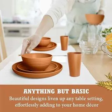 Teivio 32-Piece Kitchen Plastic Wheat Straw Dinnerware Set, Service for 8, Dinner Plates, Dessert Plate, Cereal Bowls, Cups, Unbreakable Colorful Plastic Outdoor Camping Dishes, Saddle Brown