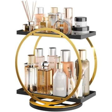 360 Rotating Perfume Organizer for Dresser - 2 Tier Large Capacity Makeup Storage - Black Gold