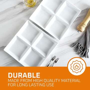 Bruntmor Snacks Dinner Serving Tray Dish in White |10 x 10 inch Set of 2 Decorative Ceramic Appetizer 4 -Compartment Serving Platter Tray | Chafing Dish | Serving Dishes