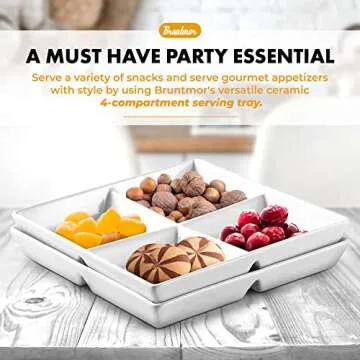 Bruntmor Snacks Dinner Serving Tray Dish in White |10 x 10 inch Set of 2 Decorative Ceramic Appetizer 4 -Compartment Serving Platter Tray | Chafing Dish | Serving Dishes