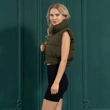 Shiyifa Women's Fashion High Neck Zipper Cropped Puffer Vest Jacket Coat