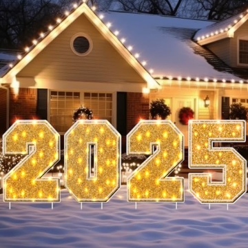 Christmas New Year 2025 Yard Sign with LED String Light Decorations Outside Large Xmas Gold 2025 Law...