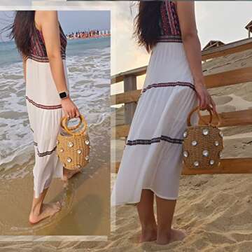 NIBD Flower Pearls Rattan Tote Bag Summer Beach Drawstring Straw Bucket Bag Diamonds Woven Handbag (...
