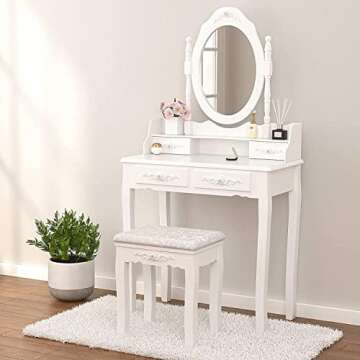 Alohappy Makeup Vanity Set with Mirror & Stool for Girls, Vanity Table and Cushioned Stool Set with 4 Drawers, Wood Dressing Table for Bedroom
