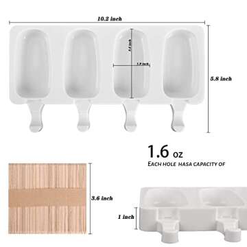 Sakolla 3 Pack Large Popsicle Molds 4 Cavities Cake Pop Silicone Molds Oval Ice Cream Cakesicle Molds for Chocolate Baking with 100 Wooden Sticks