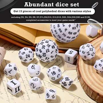 Civaner 15 Pcs Complete Polyhedral Dice Set D3-D100 Spherical RPG Dice Set in Opaque Black, 100 Sides for Role Playing Table Games Party Supplies(White and Black)