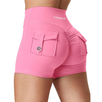 YEOREO Scrunch Workout Shorts with Pocket Design for Women | High Waisted Booty Shorts in Pink