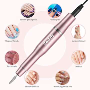 Bestidy Best Gift Electric Nail Drill Kit, USB Manicure Pen Sander Polisher with 6 Pieces Changeable Drills and Sand Bands for Exfoliating, Polishing, Nail Removing, Acrylic Nail Tools (A-Pink)