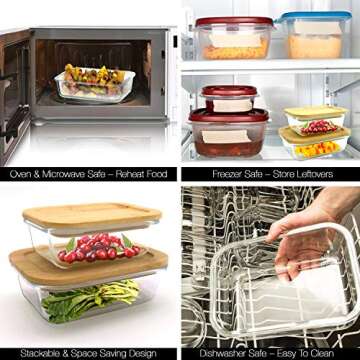 Glass Food Containers with Bamboo Lid (Eco-Friendly) and Silicone Seal. Set of 4. Glass Meal Prep. Lunch Containers, Plastic-Free, Rectangular Style. Sizes (330ML, 600ML, 1000ML, 1500ML) by EscoChi.