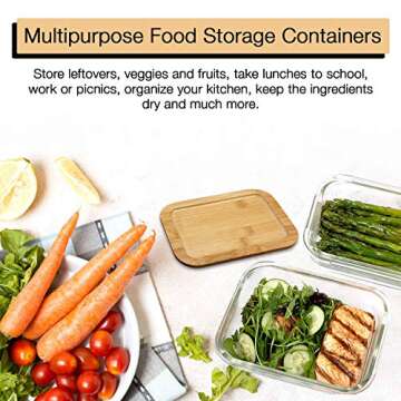 Glass Food Containers with Bamboo Lid (Eco-Friendly) and Silicone Seal. Set of 4. Glass Meal Prep. Lunch Containers, Plastic-Free, Rectangular Style. Sizes (330ML, 600ML, 1000ML, 1500ML) by EscoChi.