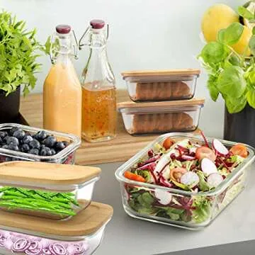 Glass Food Containers with Bamboo Lid (Eco-Friendly) and Silicone Seal. Set of 4. Glass Meal Prep. Lunch Containers, Plastic-Free, Rectangular Style. Sizes (330ML, 600ML, 1000ML, 1500ML) by EscoChi.