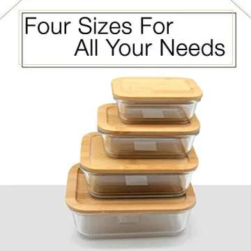 Glass Food Containers with Bamboo Lid (Eco-Friendly) and Silicone Seal. Set of 4. Glass Meal Prep. Lunch Containers, Plastic-Free, Rectangular Style. Sizes (330ML, 600ML, 1000ML, 1500ML) by EscoChi.