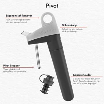 Coravin Pivot Wine Preservation System - Preserve Wine for 4 Weeks - Includes the Pivot System, 1 Capsule, 2 Wine Bottle Stoppers & 1 Bottle Sleeve - By-the-Glass Wine Saver System - Grey