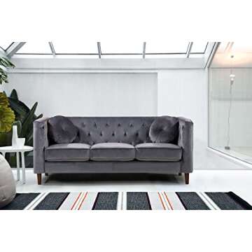 Container Furniture Direct Kitts Velvet Upholstered Modern Chesterfield Sofa, Gray
