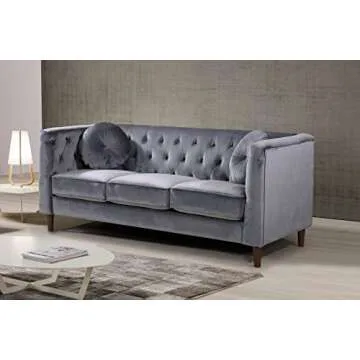 Container Furniture Direct Kitts Velvet Upholstered Modern Chesterfield Sofa, Gray