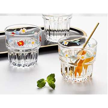 yaocoral Set of 2 Daisy Glass Coffee Cup Cute Drinking Glasses Stackable Daisy Glass Cups for Juice,Iced Coffee,Milk,Tea,Dessert,Flower Glassware Drinkware Set(red 1)