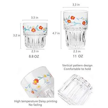 yaocoral Set of 2 Daisy Glass Coffee Cup Cute Drinking Glasses Stackable Daisy Glass Cups for Juice,Iced Coffee,Milk,Tea,Dessert,Flower Glassware Drinkware Set(red 1)