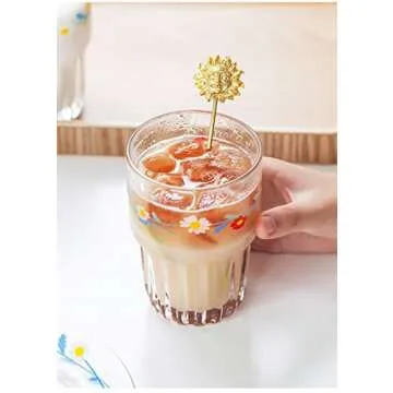 yaocoral Set of 2 Daisy Glass Coffee Cup Cute Drinking Glasses Stackable Daisy Glass Cups for Juice,Iced Coffee,Milk,Tea,Dessert,Flower Glassware Drinkware Set(red 1)