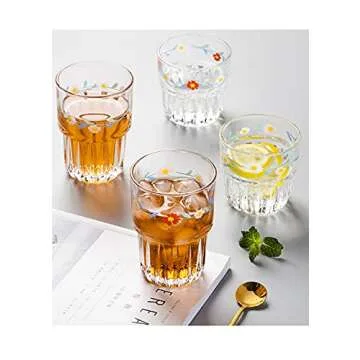 yaocoral Set of 2 Daisy Glass Coffee Cup Cute Drinking Glasses Stackable Daisy Glass Cups for Juice,Iced Coffee,Milk,Tea,Dessert,Flower Glassware Drinkware Set(red 1)