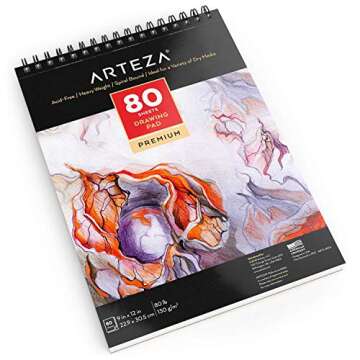 ARTEZA Drawing Paper Pad, 9 x 12 Inches, Pack of 1, 80 Sheets, Spiral Bound Artist Drawing Books, Durable Acid Free White Sketch Paper