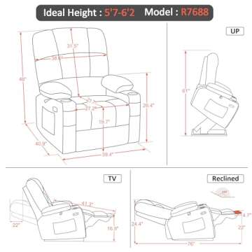 MCombo Large-Wide Lay Flat Dual Motor Power Lift Recliner Chair Sofa with Massage and Heat for Big Elderly People, Infinite Position, Faux Leather R7688 (Dark Grey, Large-Wide)